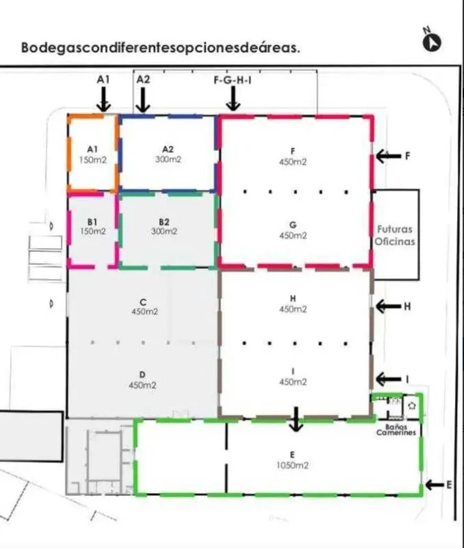 Plano oficial de Espacio Unihue: bodegas A1 y B1 de 150 m², A2 y B2 de 300 m², C, D, F, G, H e I de 450 m² y E de 1050 m², con futuras oficinas y baños — imagen de la ficha de Google