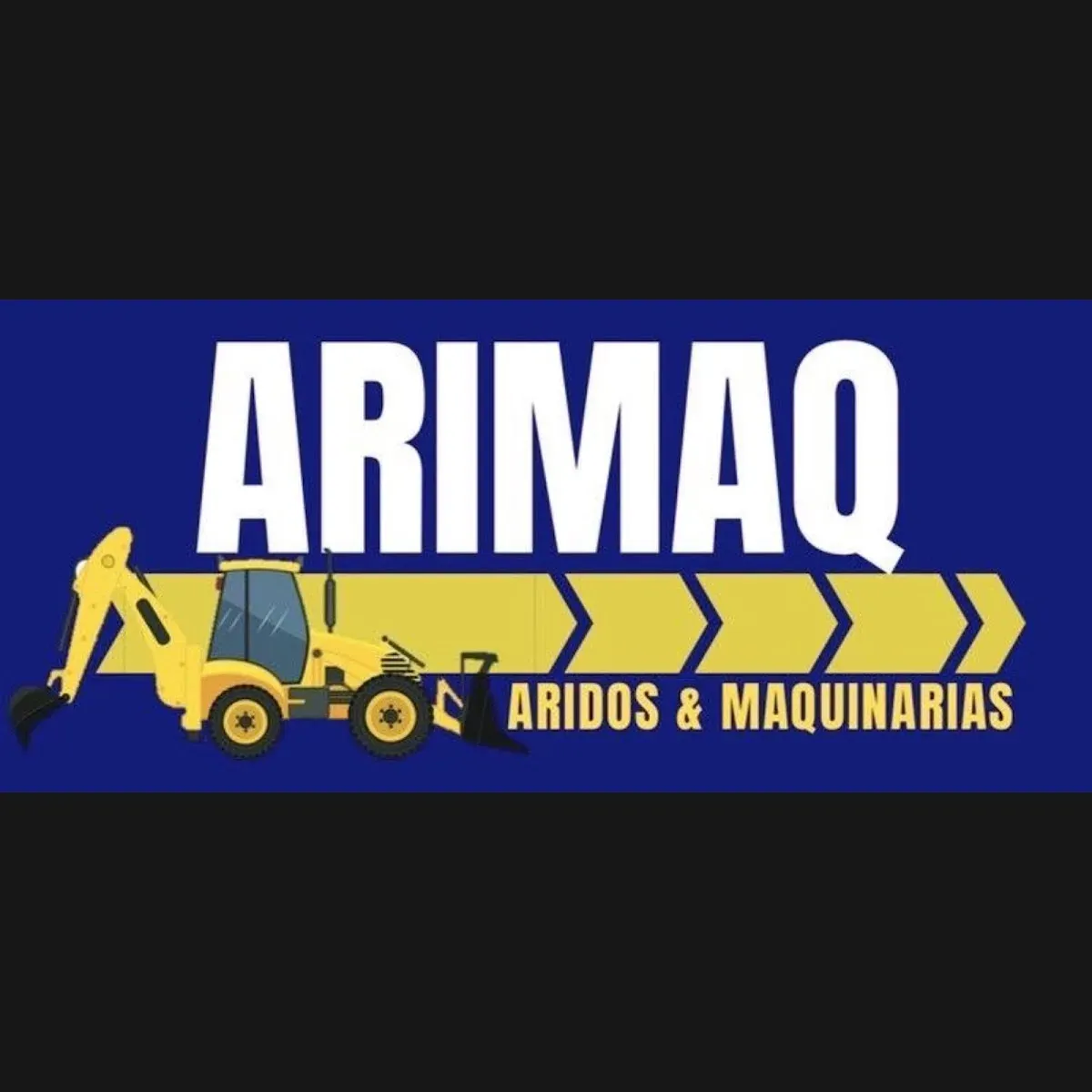 Letrero ARIMAQ Áridos y Maquinarias: azul marino con flechas amarillas