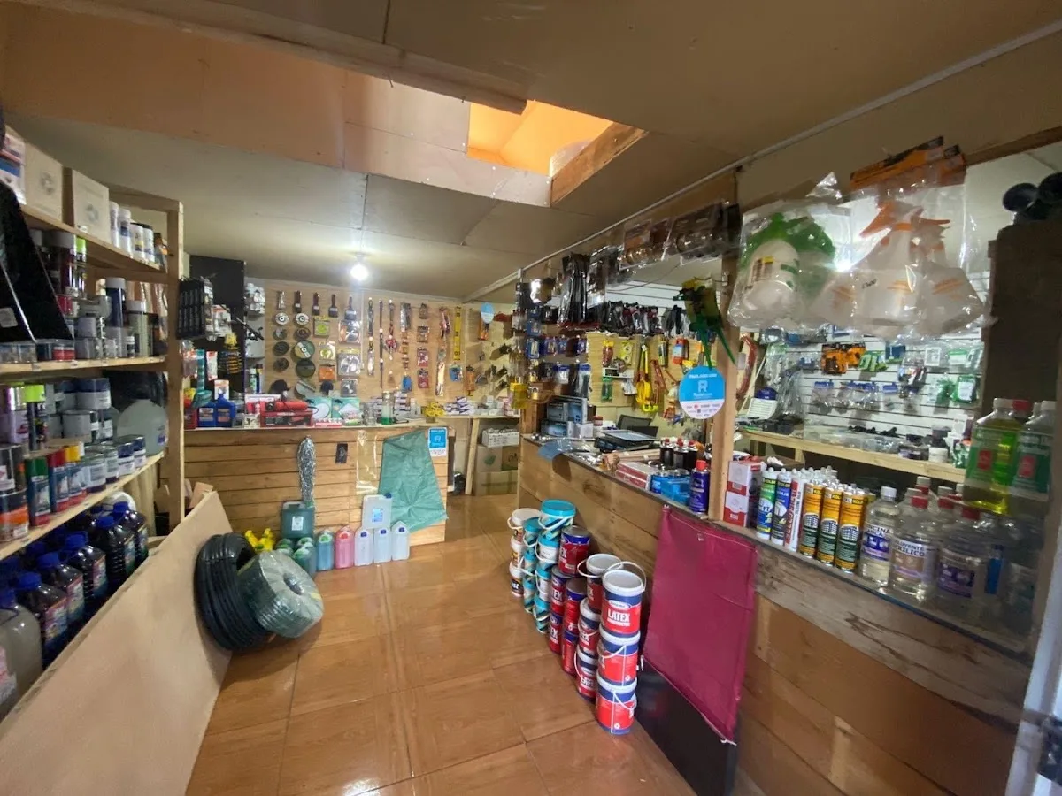 Interior de la ferretería: pasillos con pinturas, herramientas y materiales