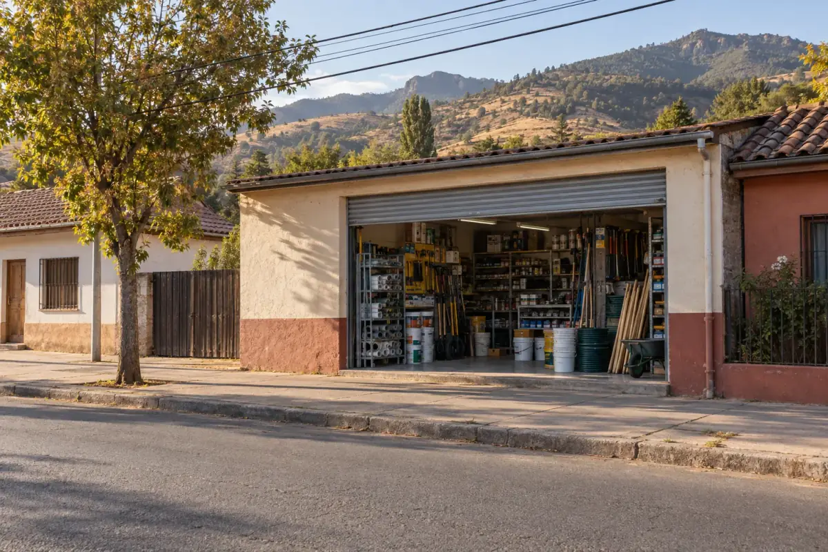 Fachada de la ferretería con la cortina abierta y los cerros de Pencahue al fondo