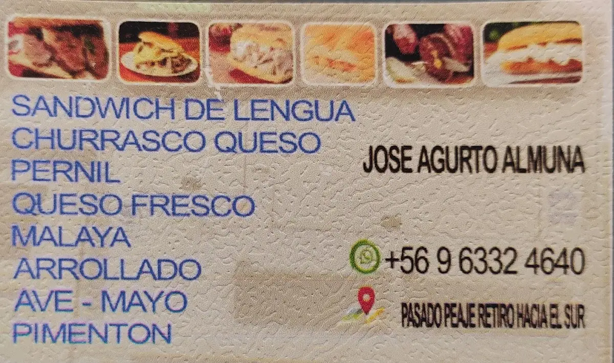 Tarjeta del negocio con la carta: lengua, churrasco queso, pernil, queso fresco, malaya, arrollado, ave-mayo y pimentón