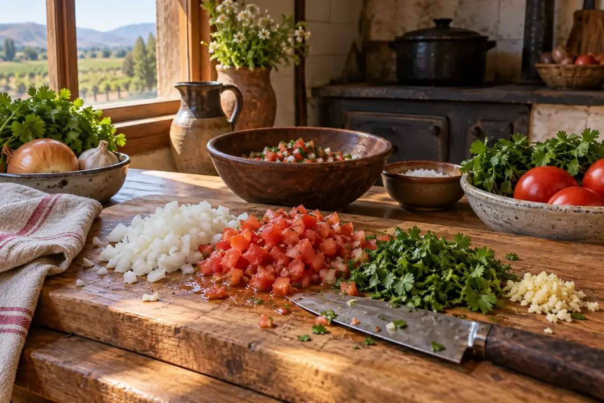 Pebre fresco y aliños del día preparados en la cocina de FORASTERO