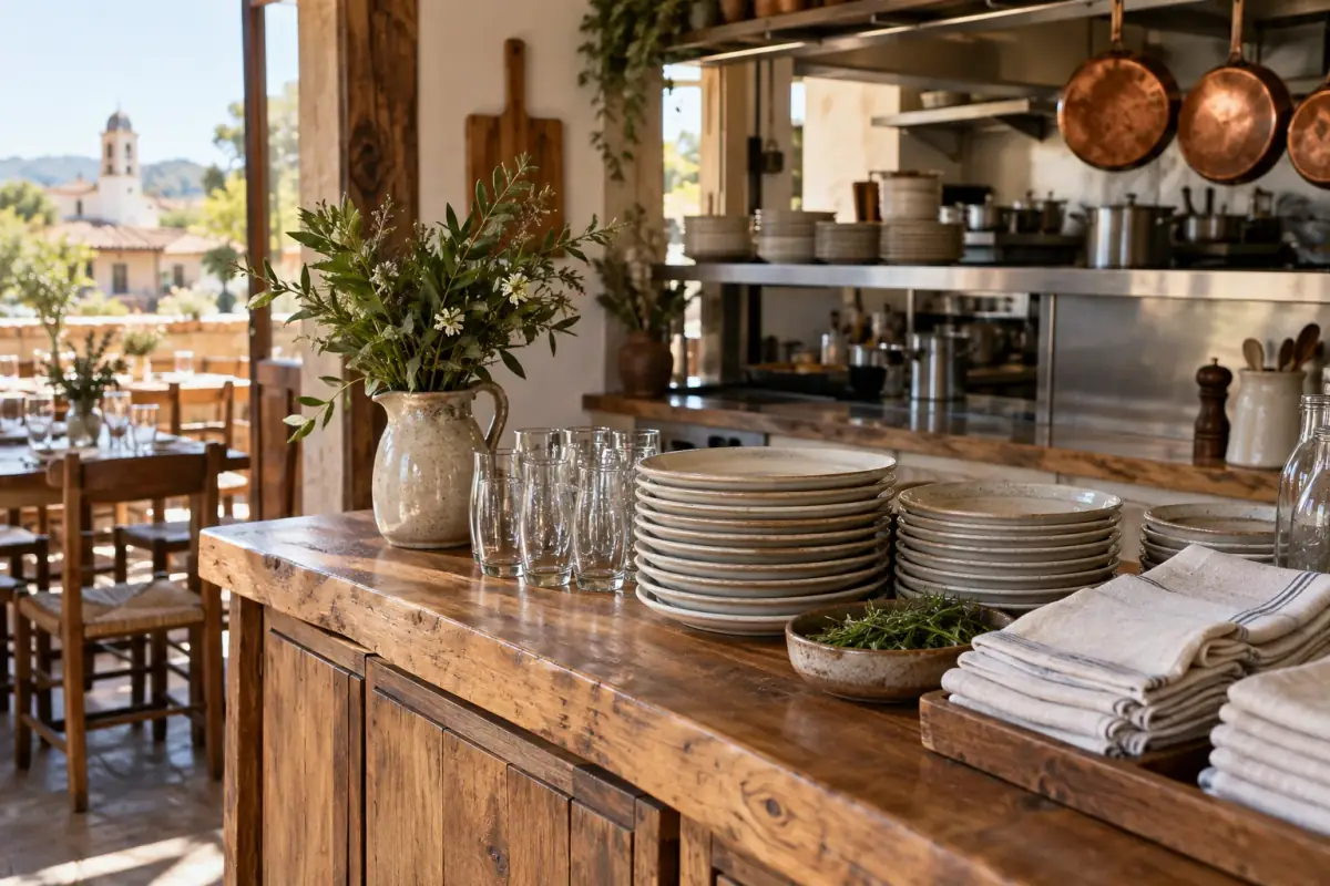 Cocina abierta de FORASTERO con ollas de cobre y mesón a la vista del comedor