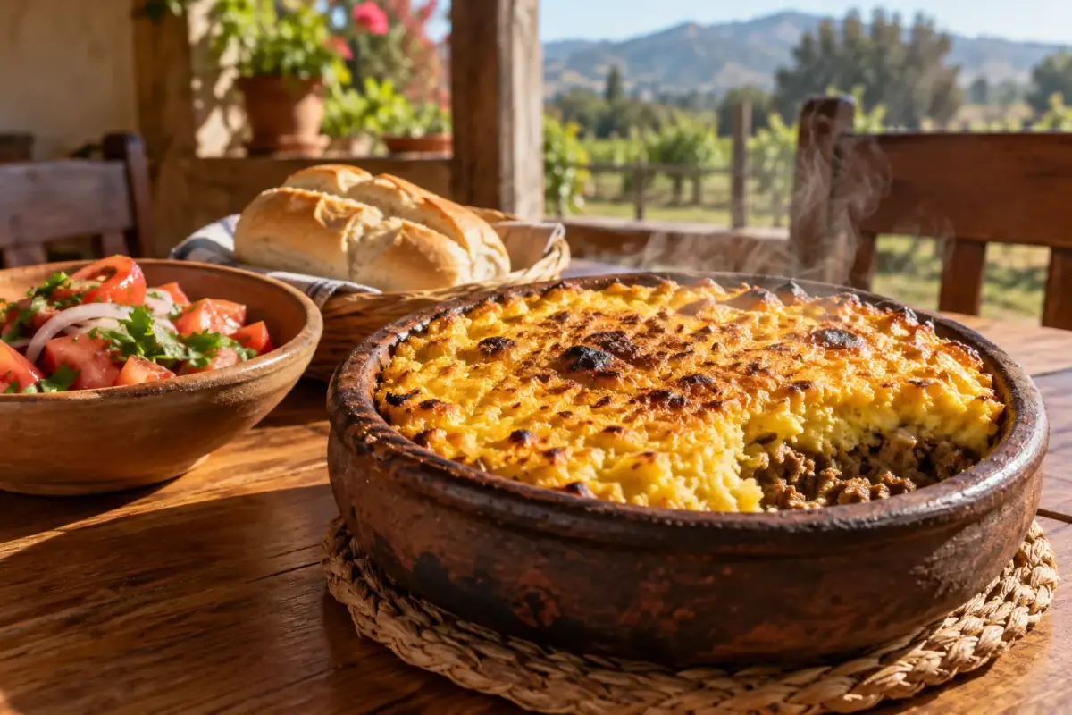 Pastel de choclo gratinado servido en paila de greda sobre mesa de madera