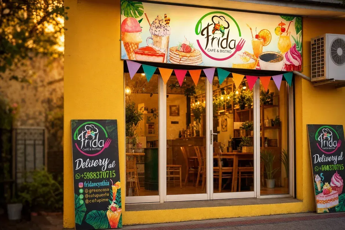 Fachada amarilla de Frida Café y Bistro en Claudina Urrutia, Cauquenes