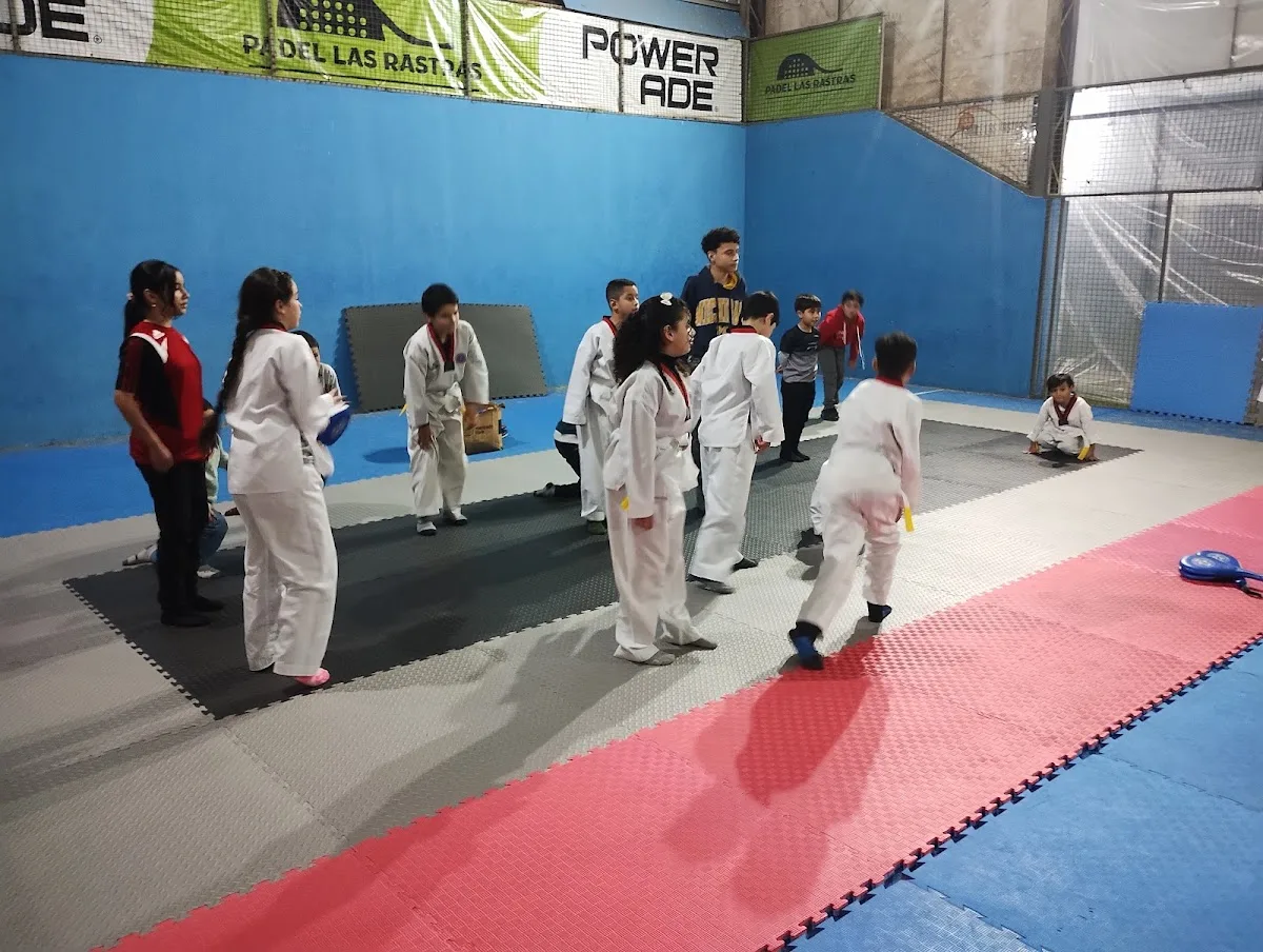 Clase de taekwondo infantil sobre colchonetas en el gimnasio de Las Rastras