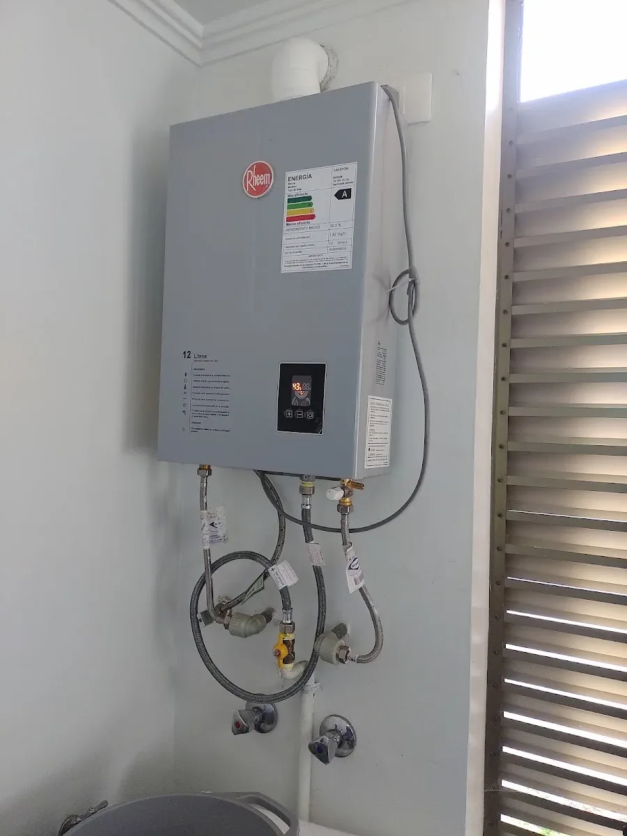 Calefont Rheem instalado en el exterior de una casa