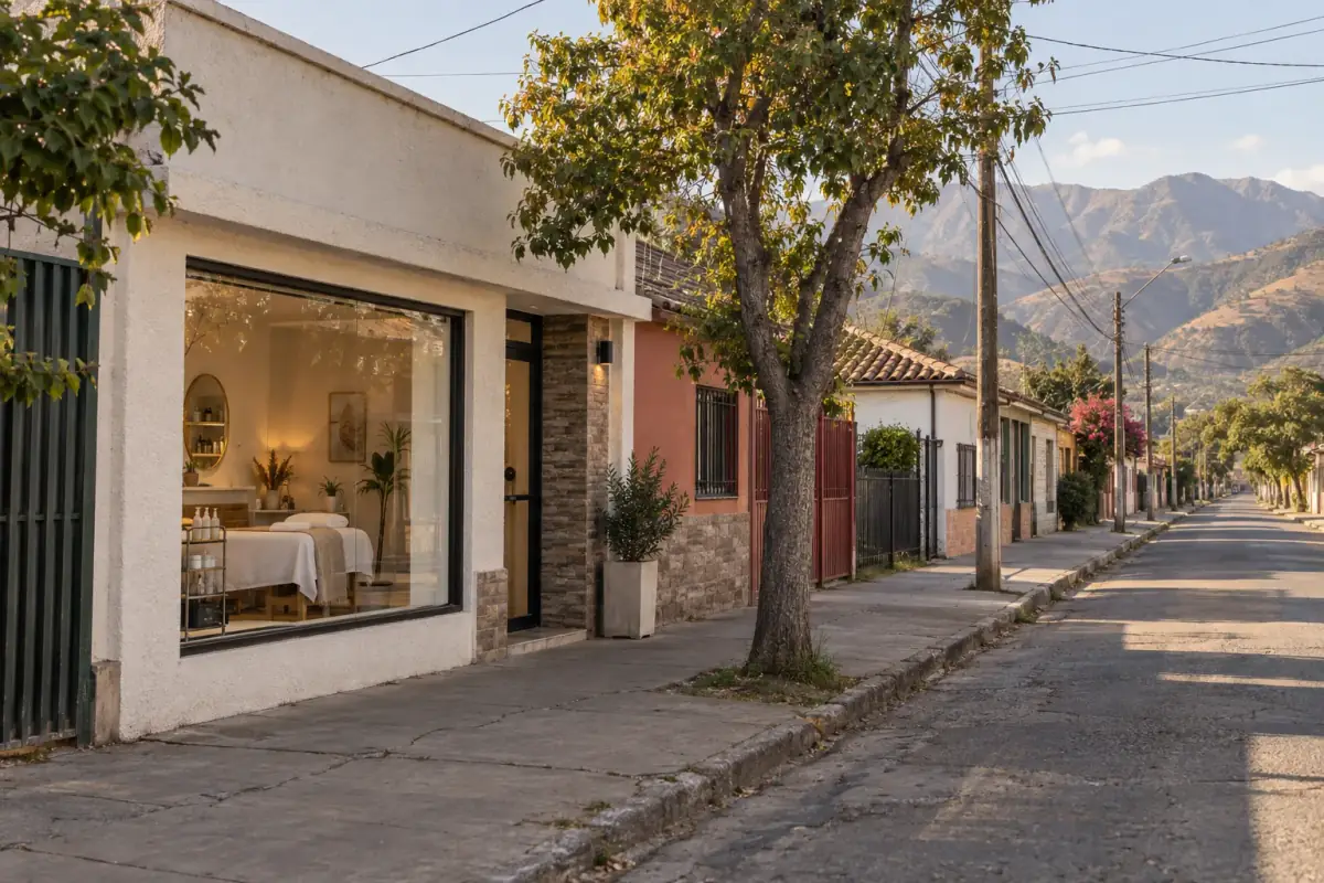 Fachada de Girls House Estética en Quechereguas, Molina: vitrina encendida al atardecer