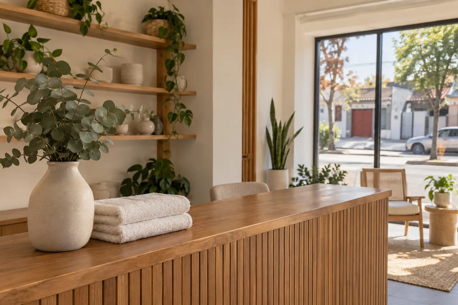 Mesón de madera del estudio con plantas junto al ventanal