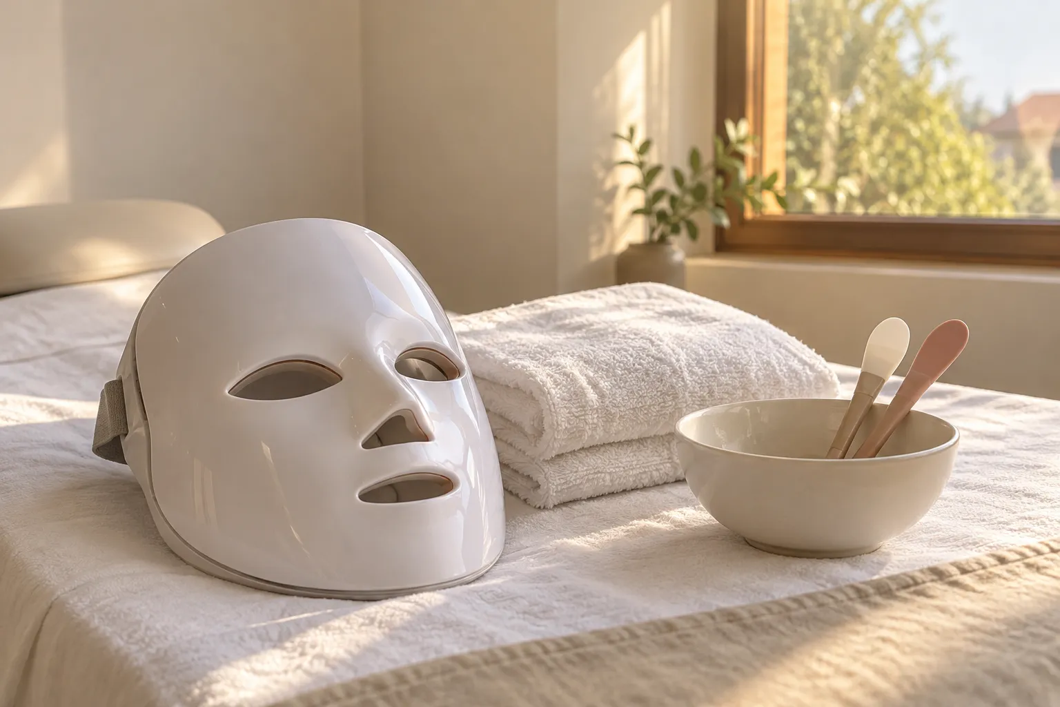 Máscara LED facial sobre la camilla del estudio, junto a toallas y bowl de productos