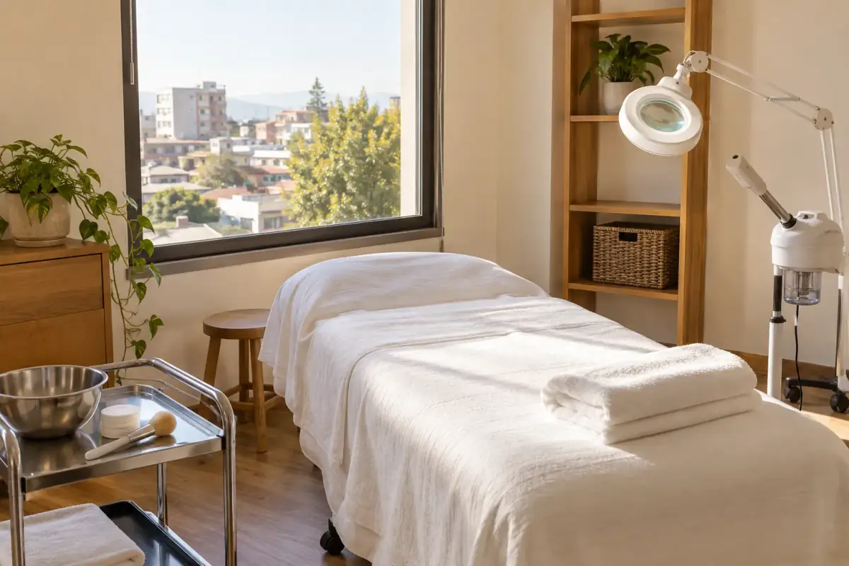Cabina de Hair Home studio: camilla, lupa, vaporizador y ventanal con vista a Linares