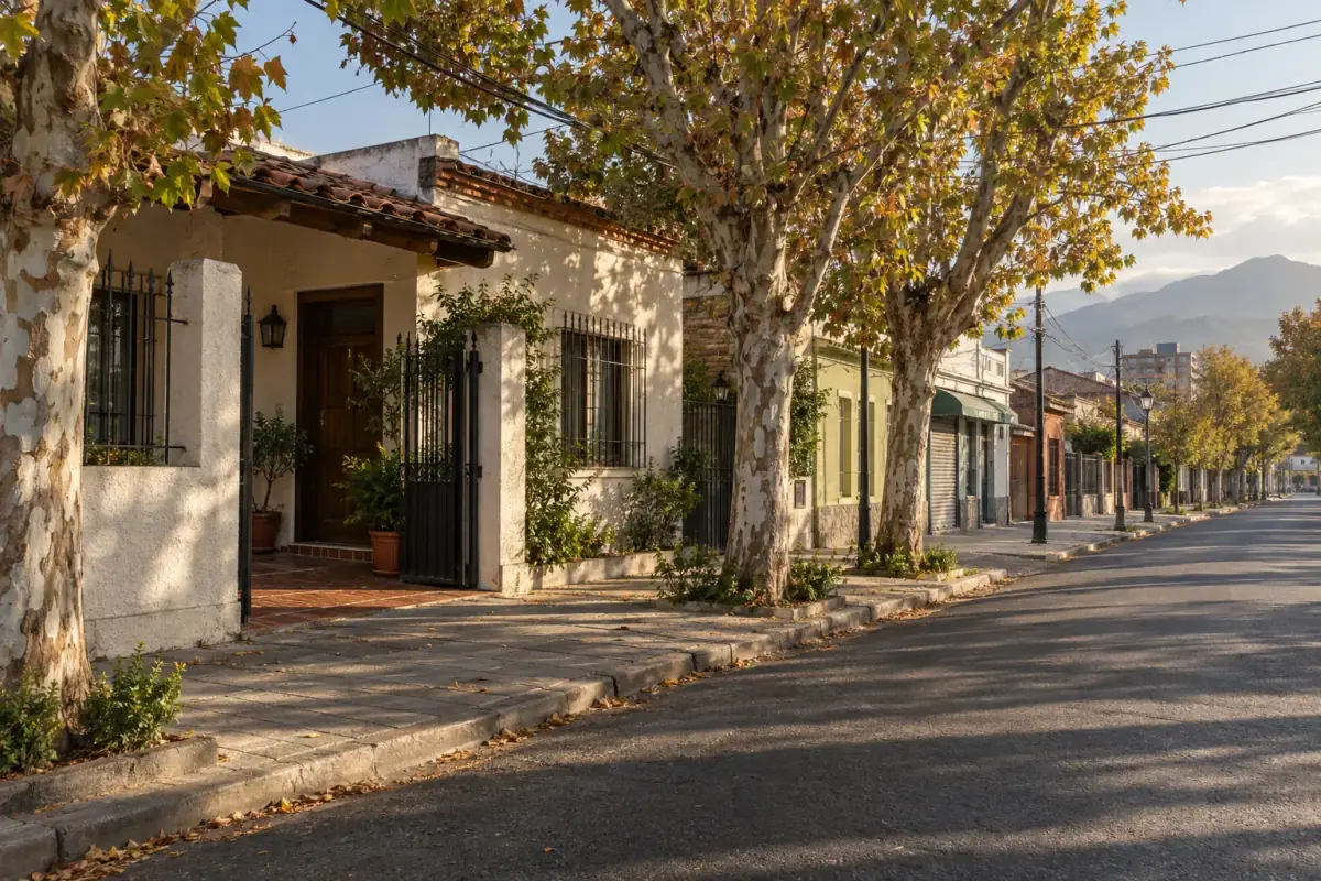 Calle arbolada y fachada del hostal al atardecer en Curicó