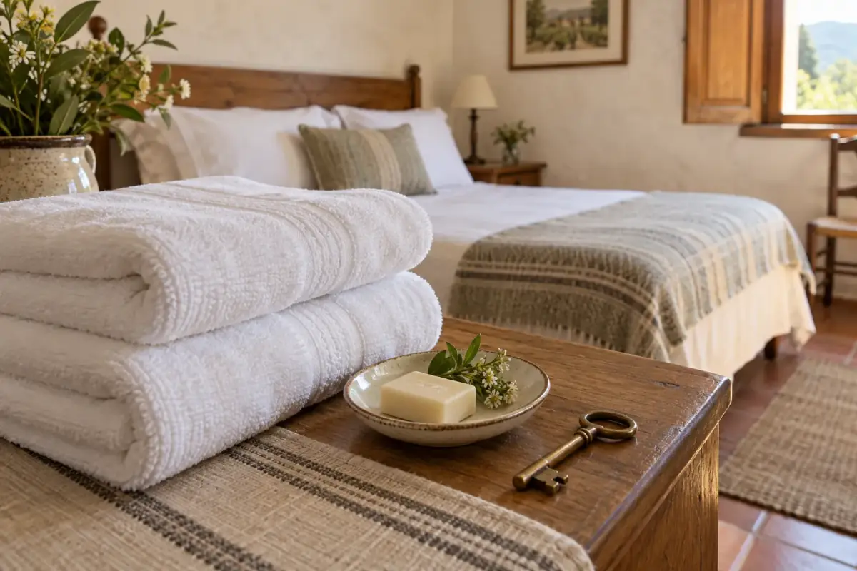 Pieza del hostal con cama de sábanas blancas, toallas dobladas y llave de bronce