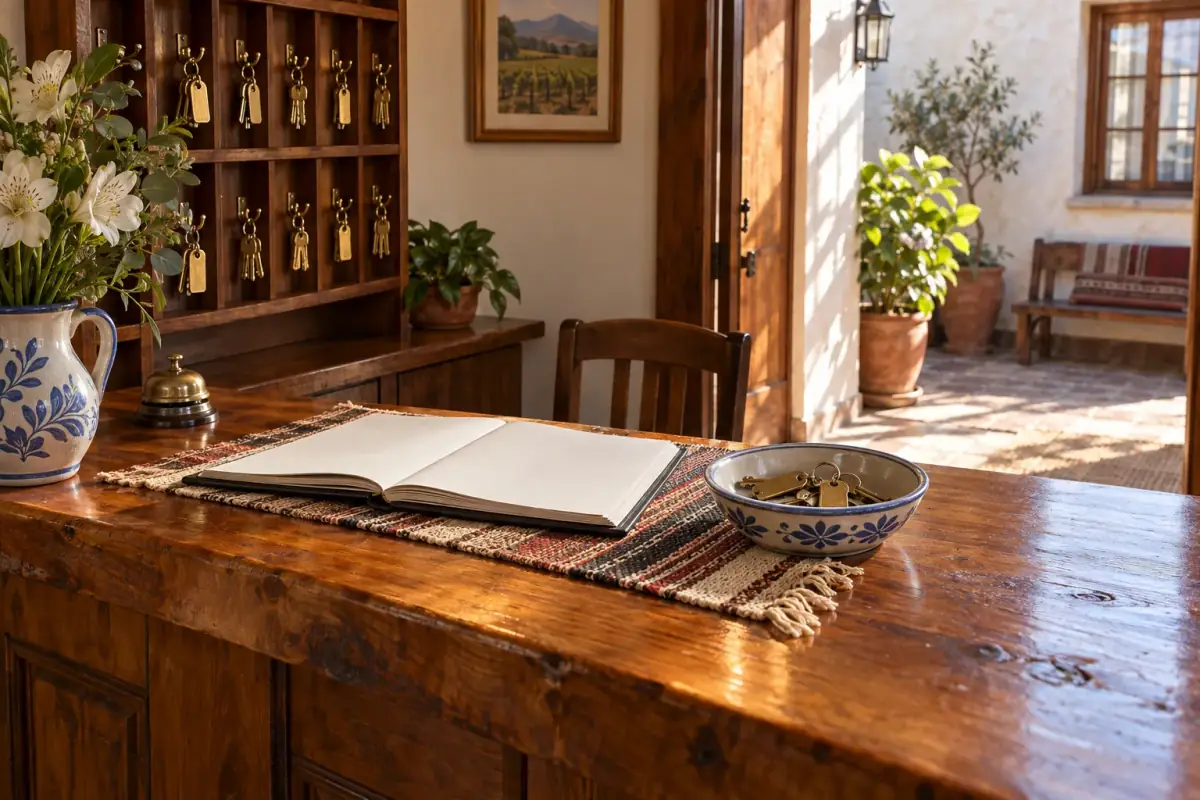Recepción del hostal con llavero de madera, campana y libro de huéspedes