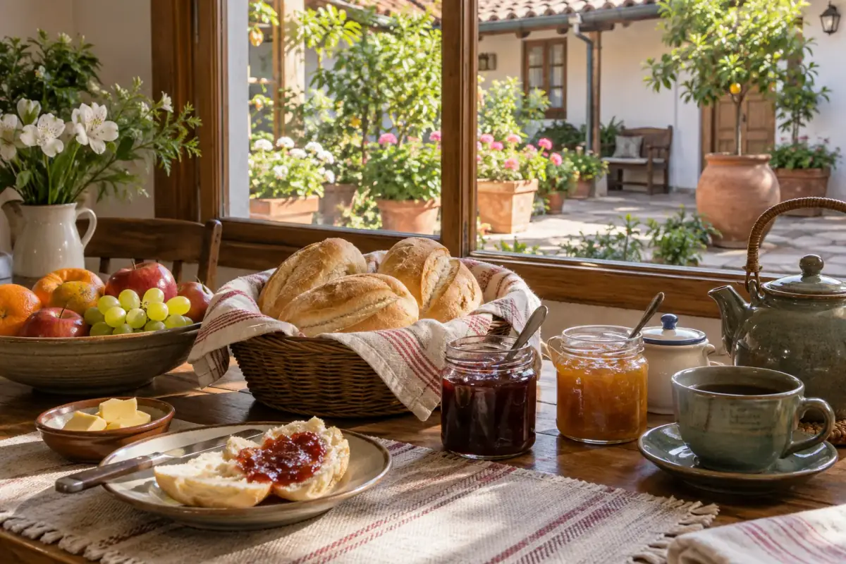 Desayuno del hostal con cesta de pan, mermeladas, té y fruta junto a la ventana