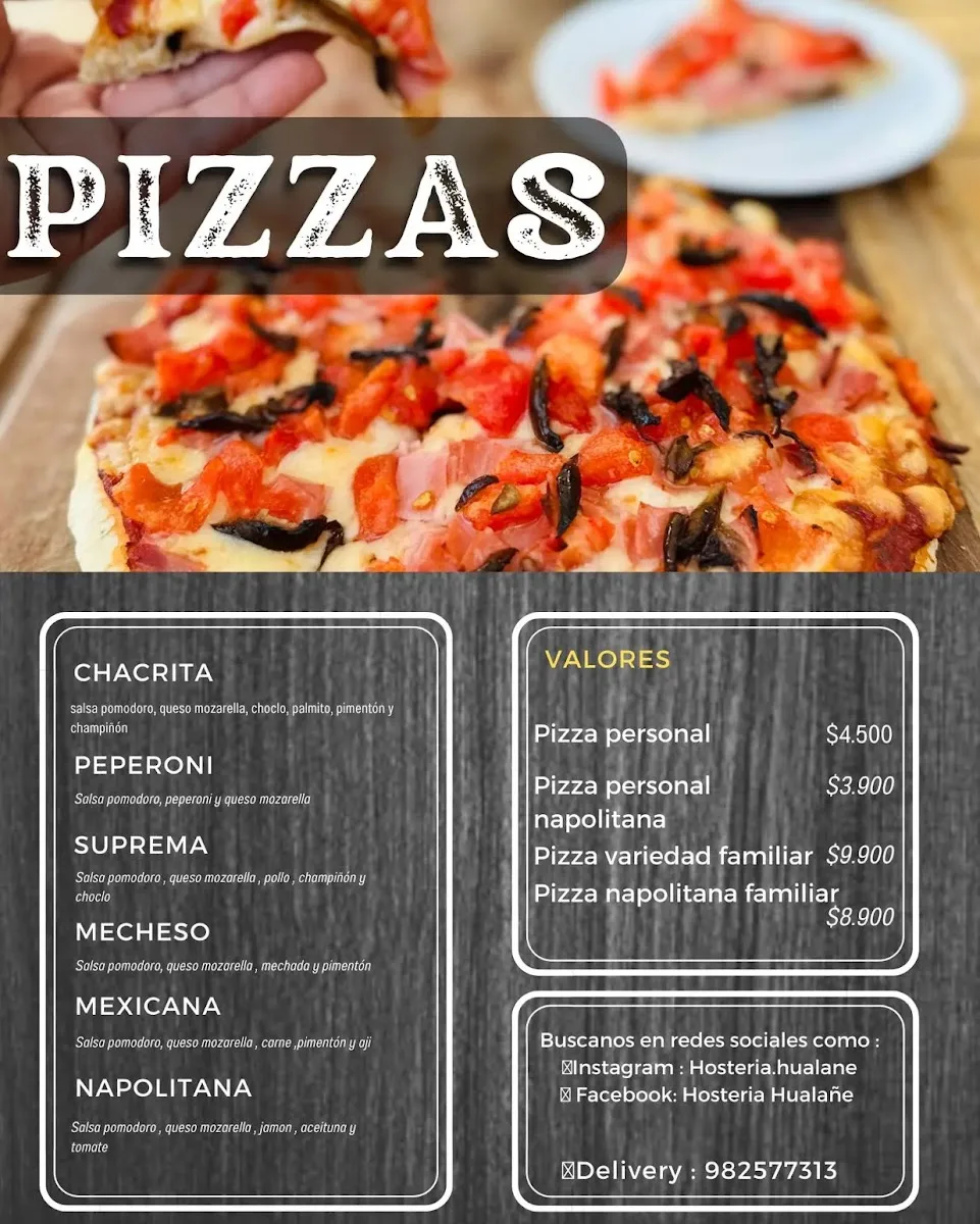 Pizarra de pizzas de Hostería Hualañe con sabores y precios escritos a mano