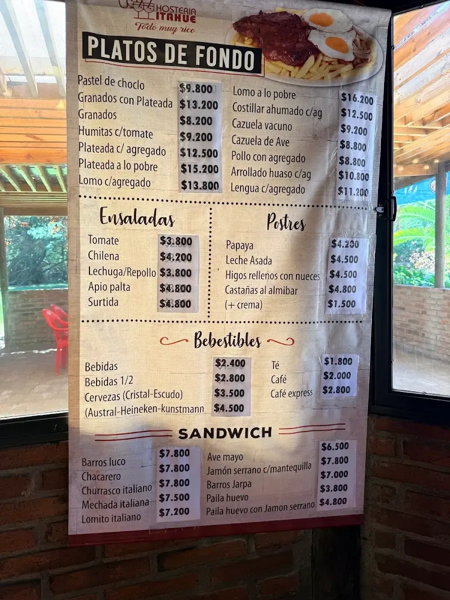 Carta impresa de Hostería Itahue con los precios de cada plato