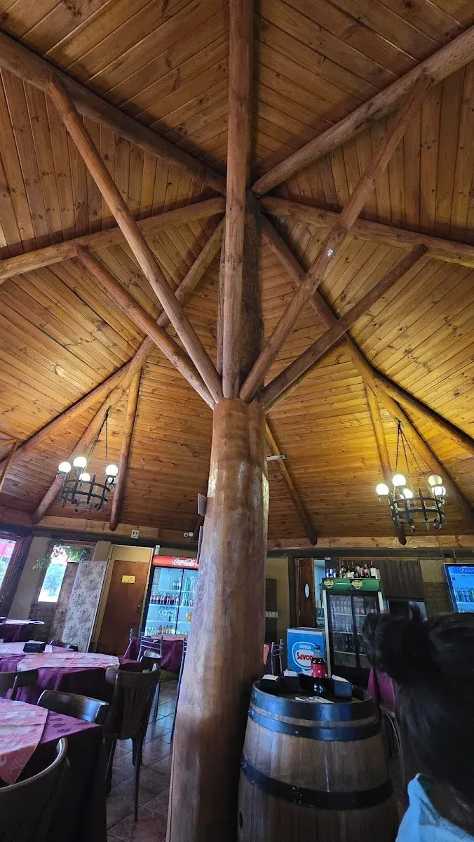 Cúpula de palma del techo del restaurant, con vigas radiales de madera