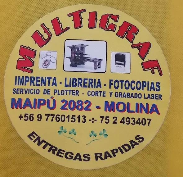Logo circular de MULTIGRAF impreso en su bolsa amarilla: imprenta, librería, fotocopias y entregas rápidas