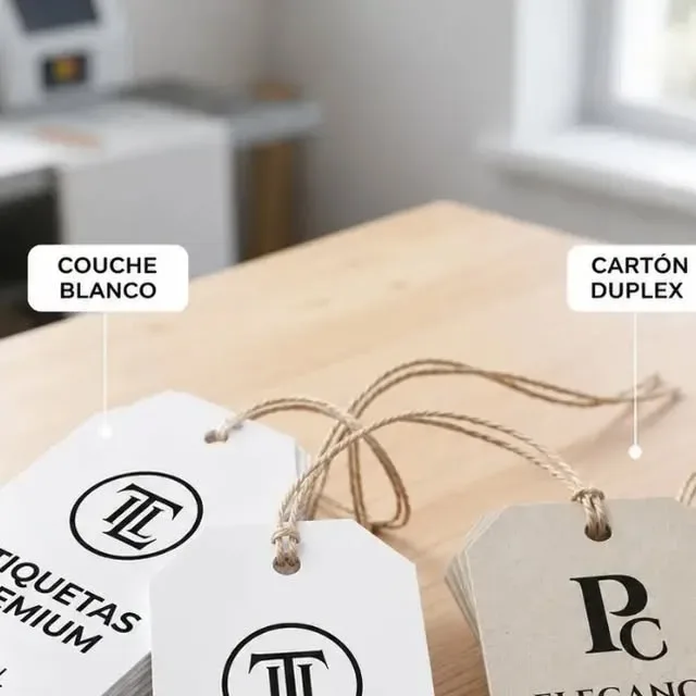 Etiquetas colgantes premium en couche blanco y cartón duplex con cordel