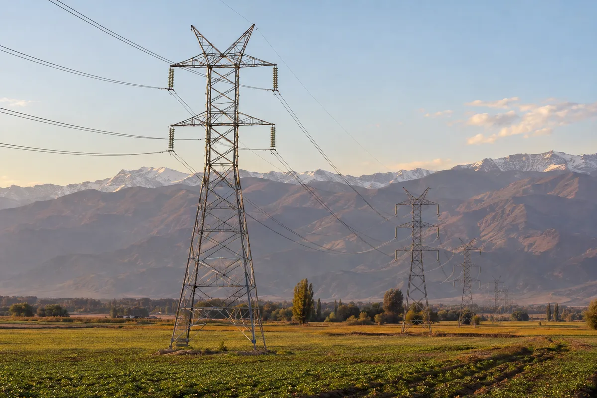 Bosquejo: torres de alta tensión cruzando terrenos agrícolas con la cordillera al fondo