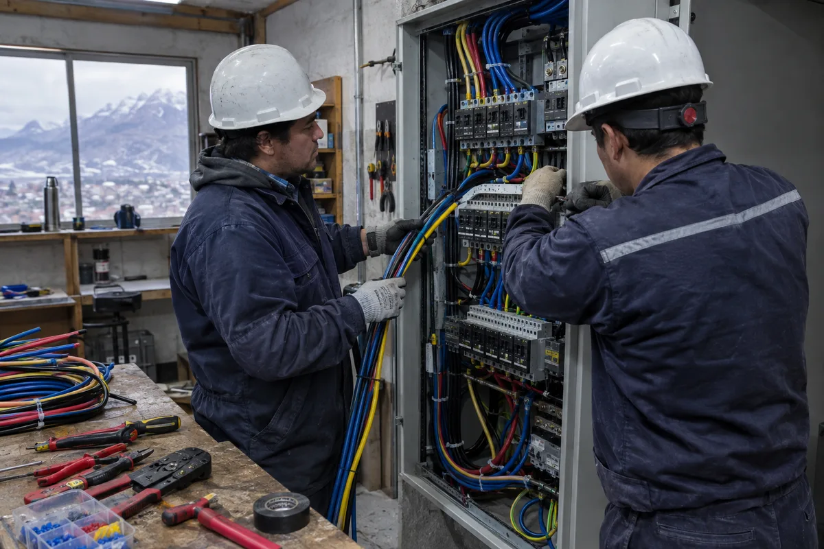 Bosquejo: dos electricistas armando un tablero eléctrico industrial con cables de colores