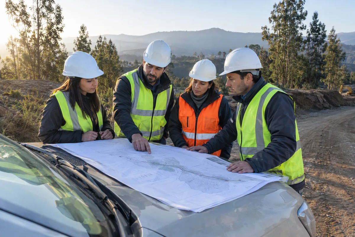 Bosquejo: equipo de obra revisando planos sobre el capó de una camioneta en terreno rural