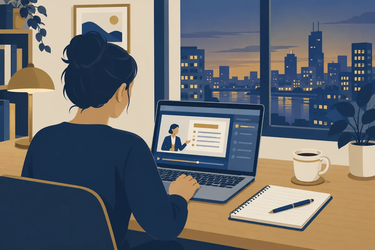 Ilustración de muestra de una persona estudiando de noche en un computador portátil