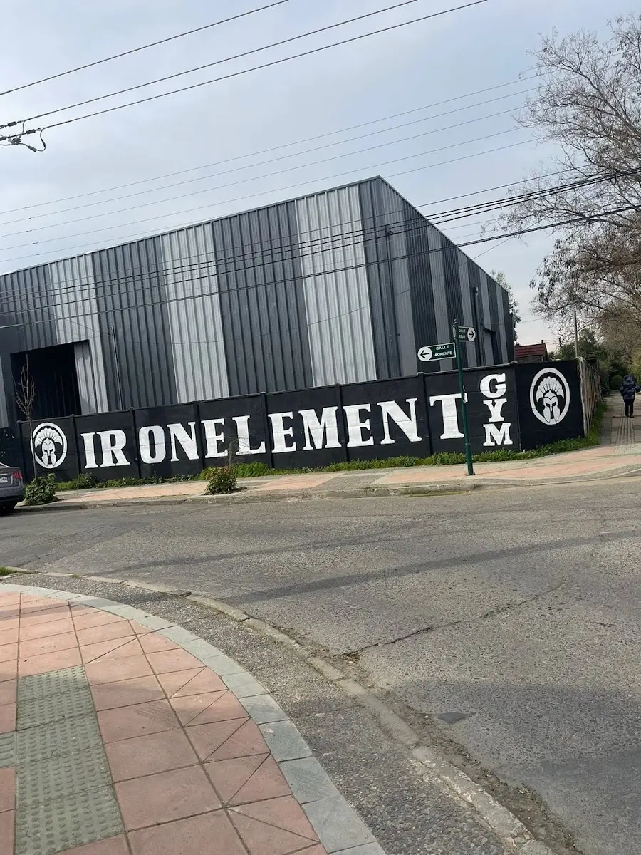 Reja negra del gimnasio pintada con «IRON ELEMENT GYM» y el casco espartano, en la esquina de 6 Oriente