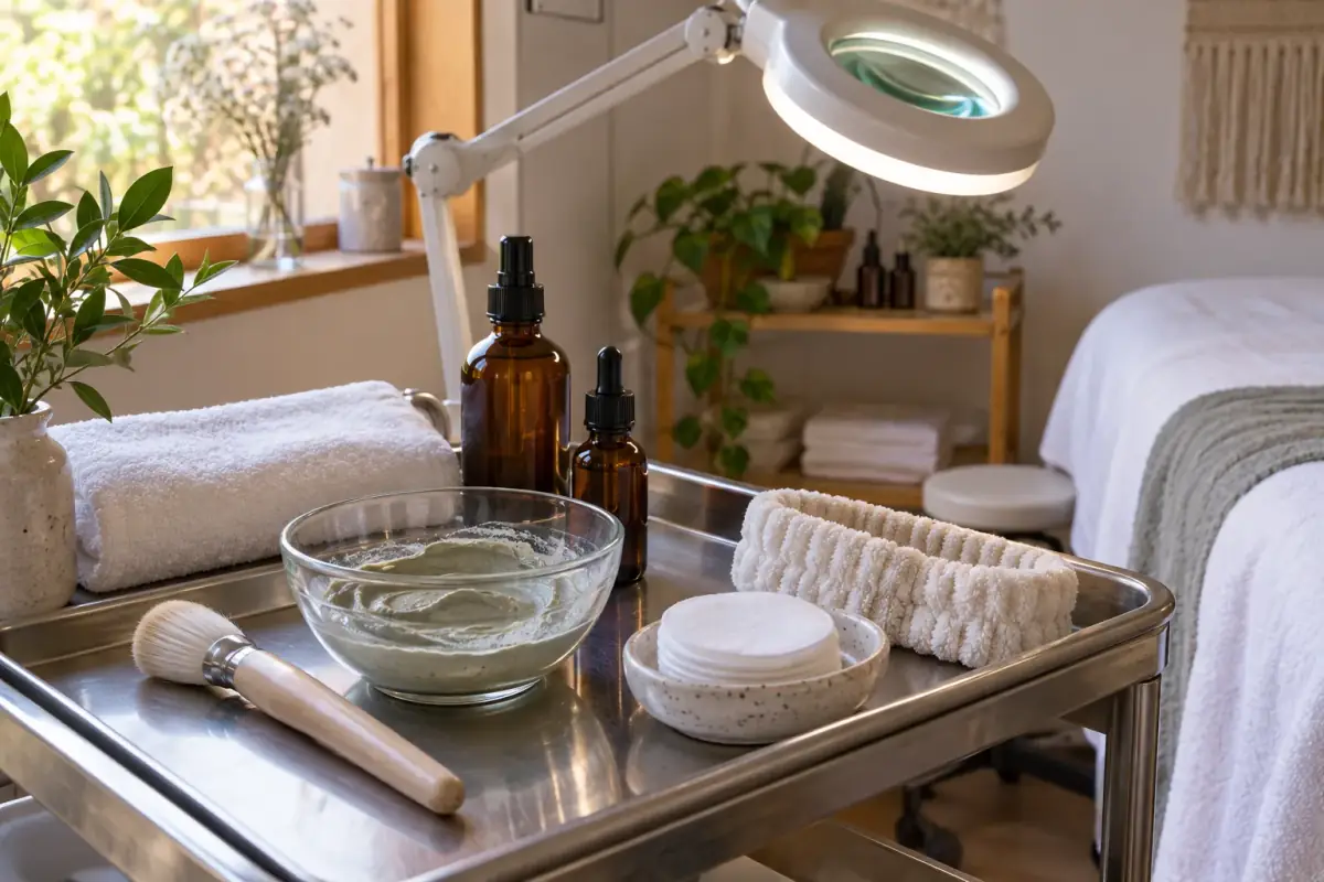 Carro de trabajo con lámpara de lupa, bowl de mascarilla y brochas junto a la ventana