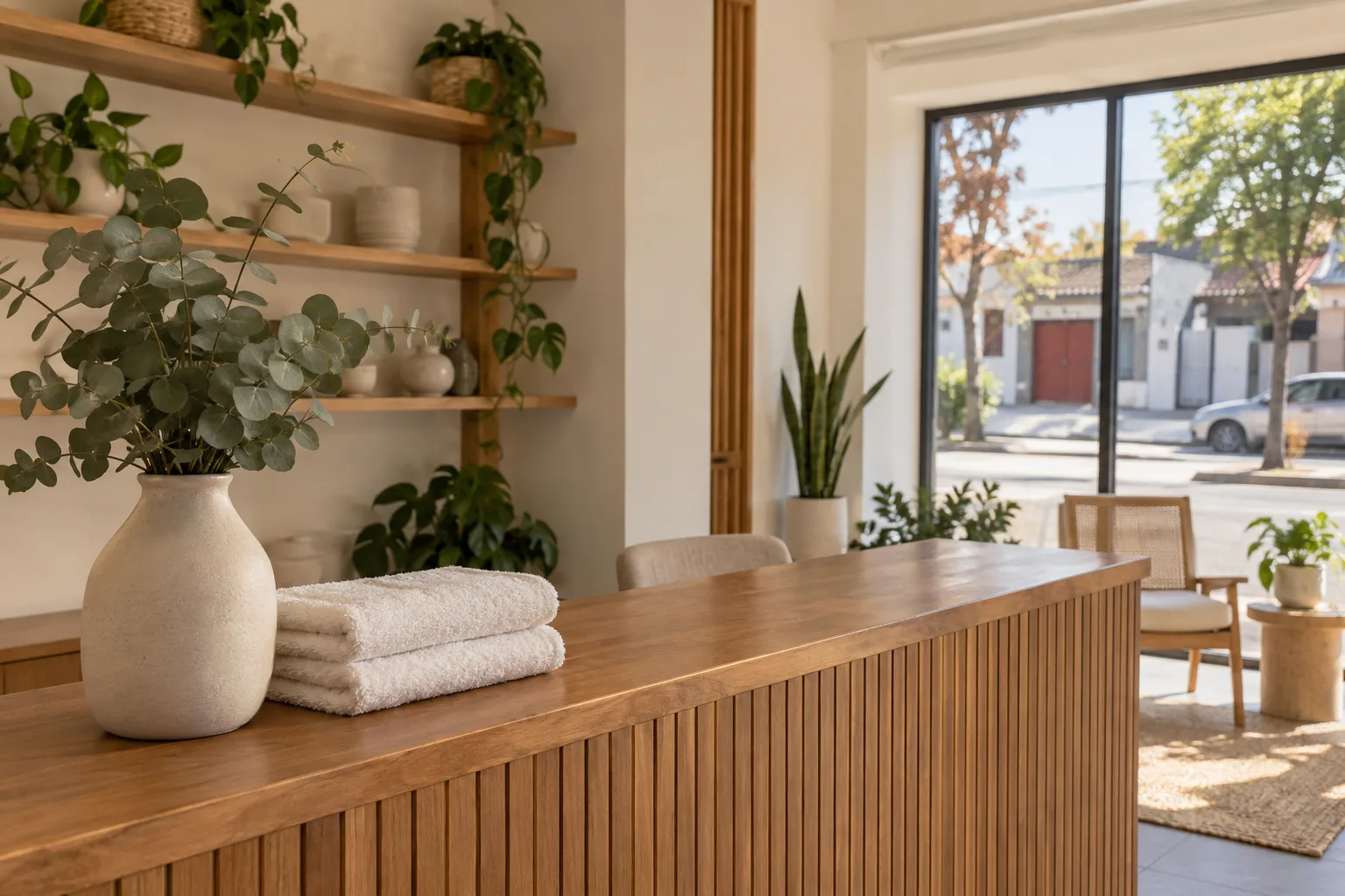 Recepción del centro con mostrador de madera, toallas, eucalipto y repisas con plantas