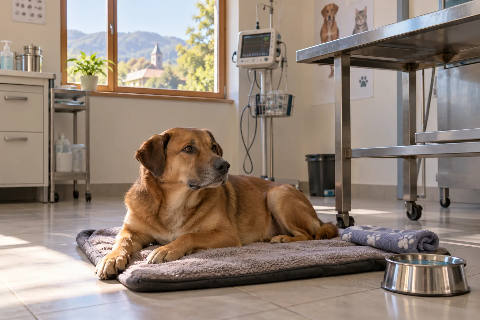 Perro descansando sobre una manta en una sala de recuperación luminosa