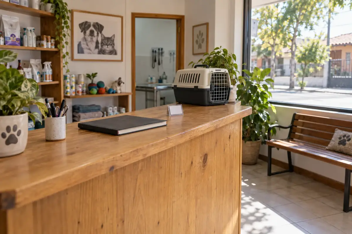 Mesón de recepción de madera con un canasto de transporte para mascotas