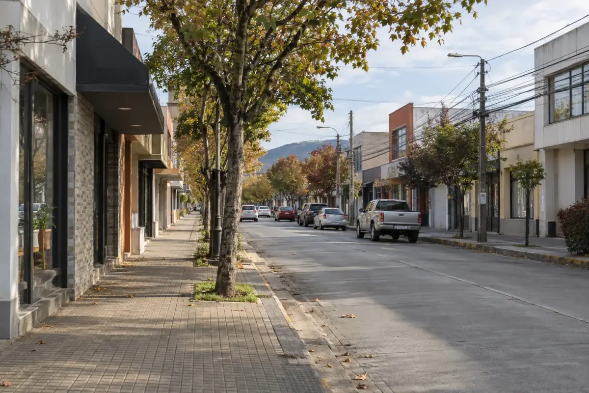 Calle arbolada del centro de Linares con locales comerciales