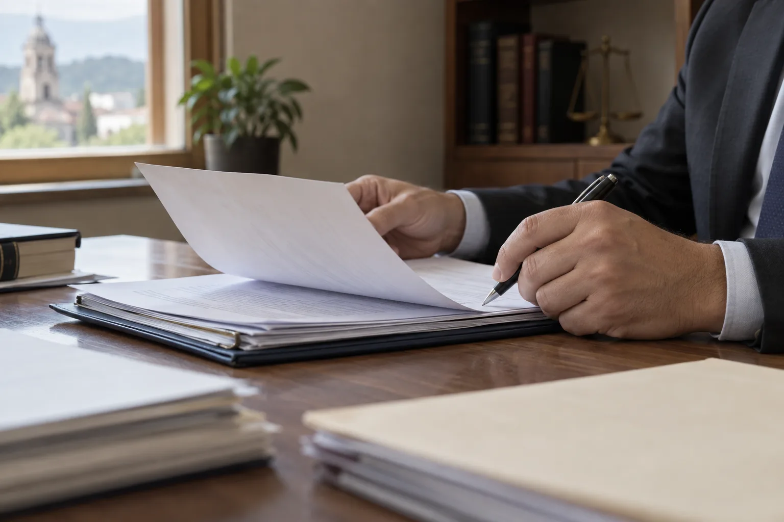 Abogado revisando y firmando documentos en su escritorio