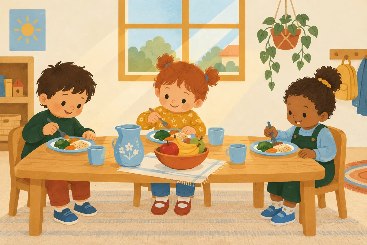 Ilustración de niños almorzando en una mesa de madera (bosquejo)