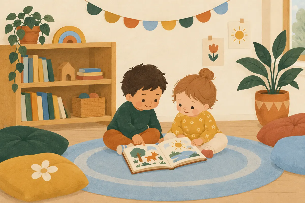 Ilustración de niños mirando un cuento en una alfombra redonda (bosquejo)