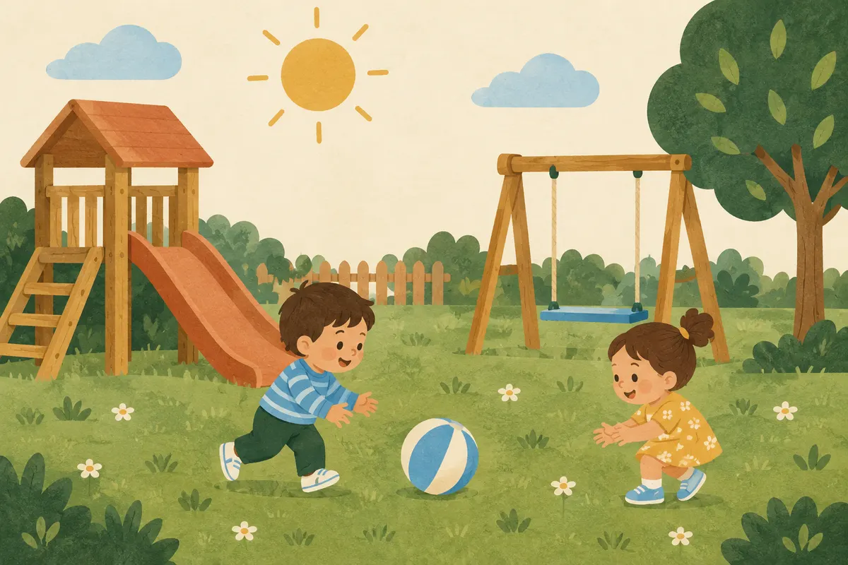 Ilustración de niños jugando en un patio con columpio y resbalín (bosquejo)