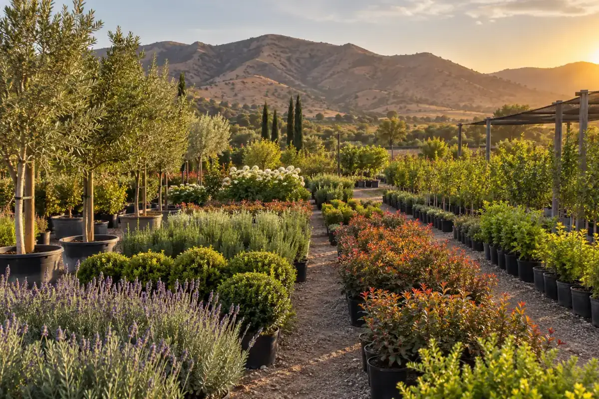 Hileras de plantas en maceta en un vivero al atardecer, con cerros de fondo