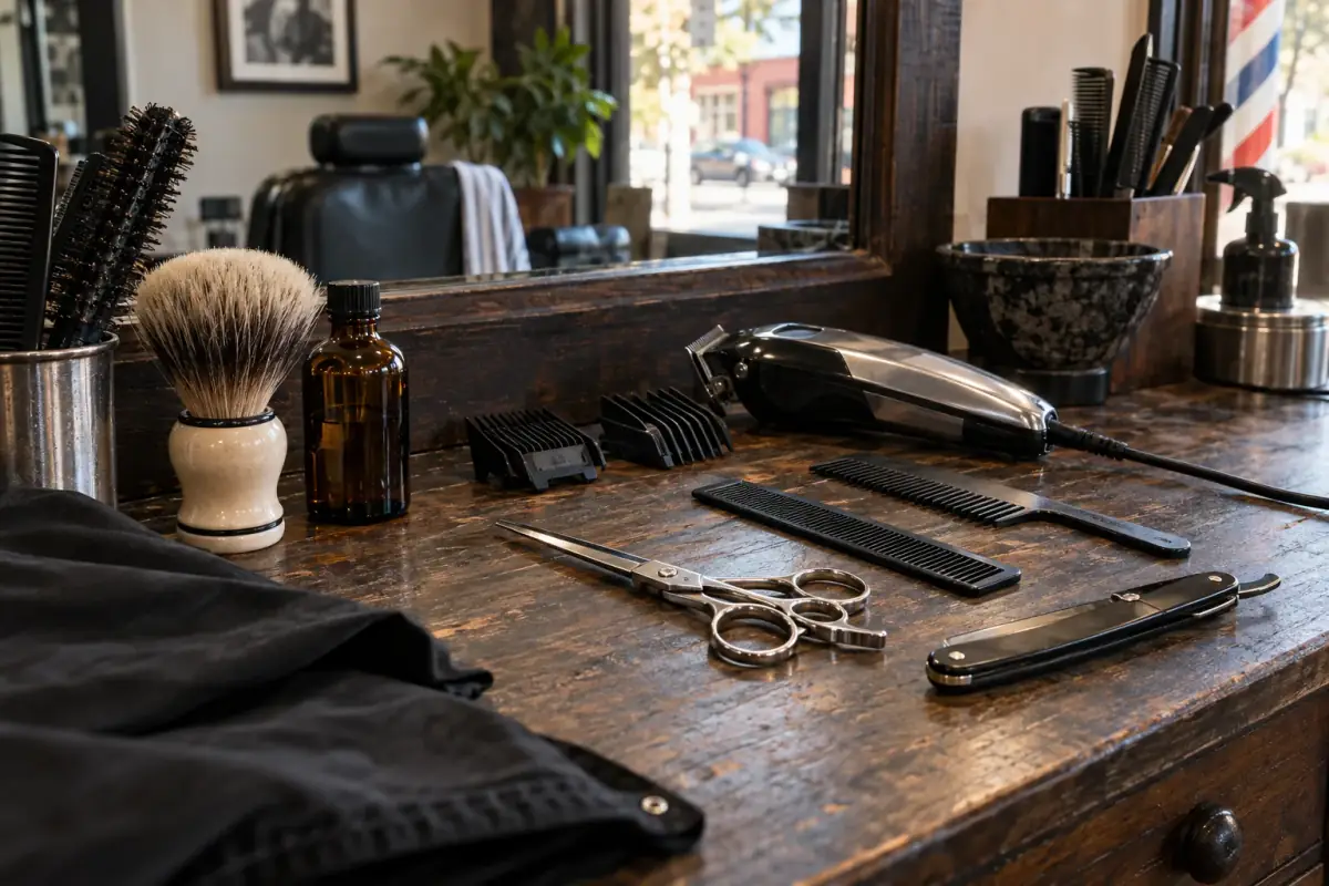 Herramientas de barbería ordenadas sobre el mesón de madera: tijeras, navaja, máquinas y peinetas