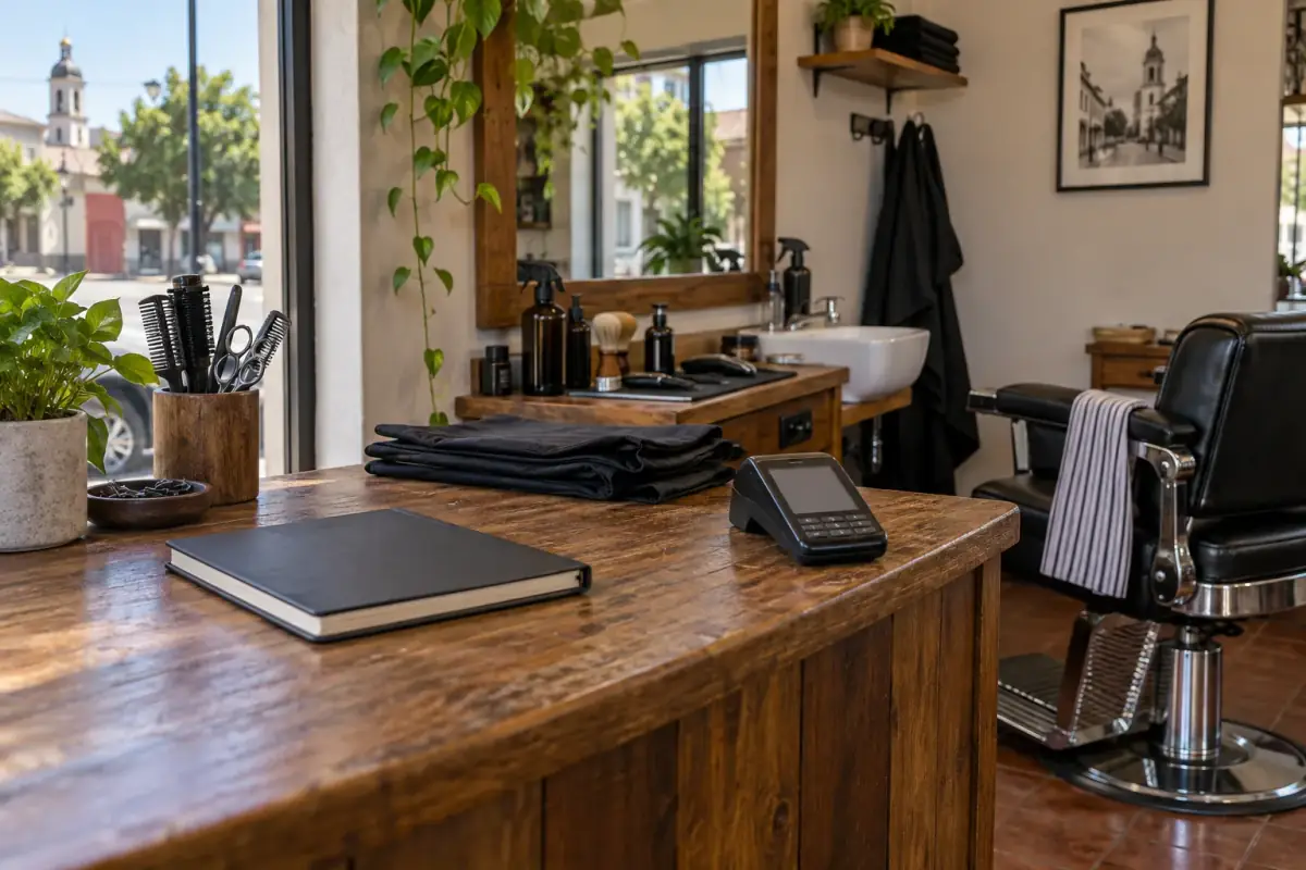 Silla de barbero y mesón de atención de JohnBarber, con vista a la calle