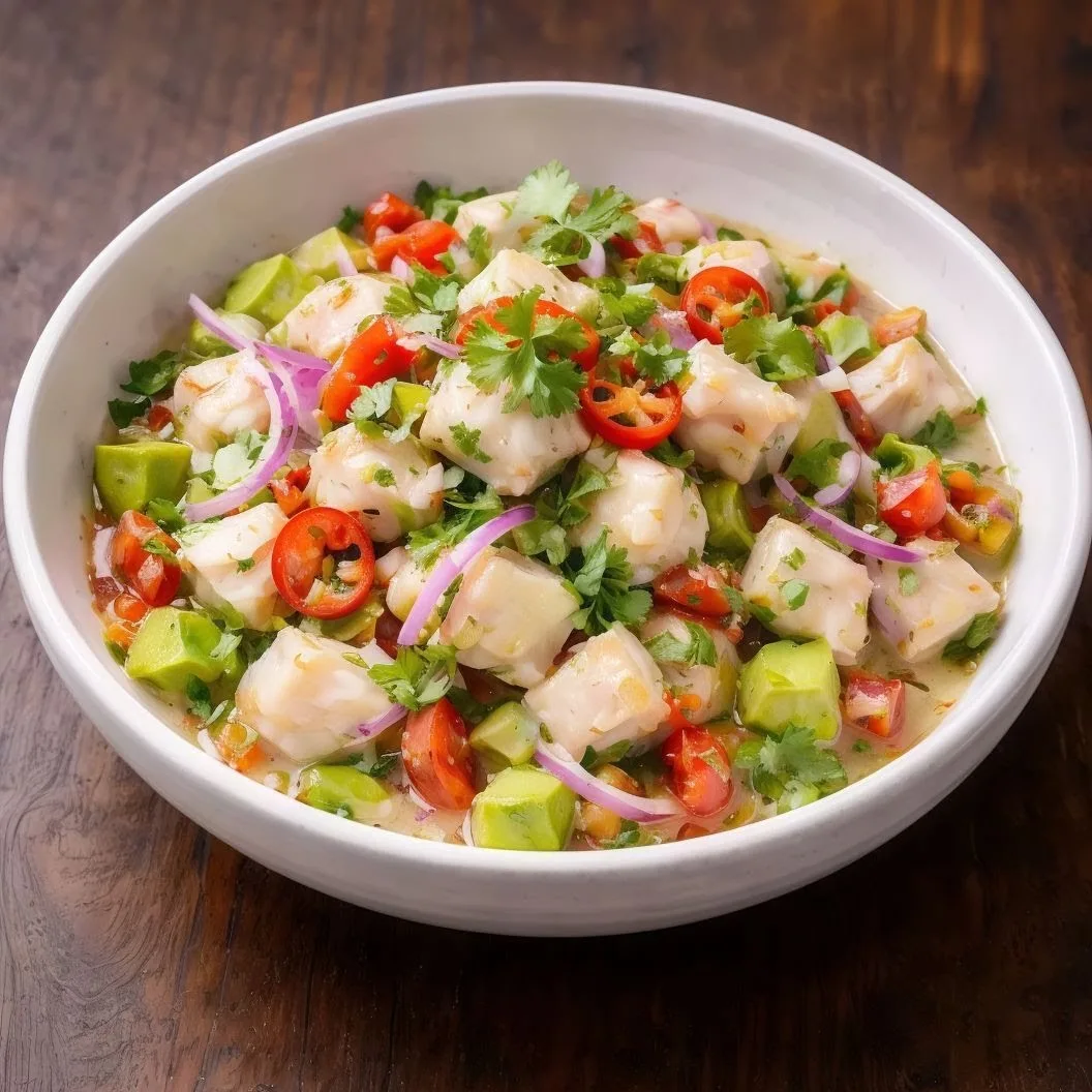 Ceviche nikkei con mariscos y cebolla en plato blanco