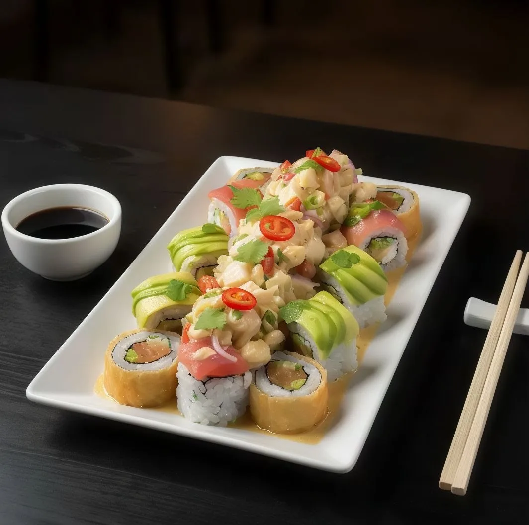 Rolls de sushi emplatados sobre mesa oscura con palitos