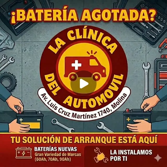 Afiche real de La Clínica del Automóvil: baterías nuevas 60, 70 y 90 Ah con instalación