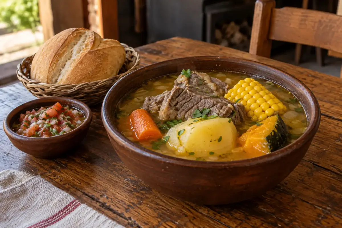 Cazuela de vacuno con choclo, zapallo, papa y zanahoria en plato de greda, con pan y pebre