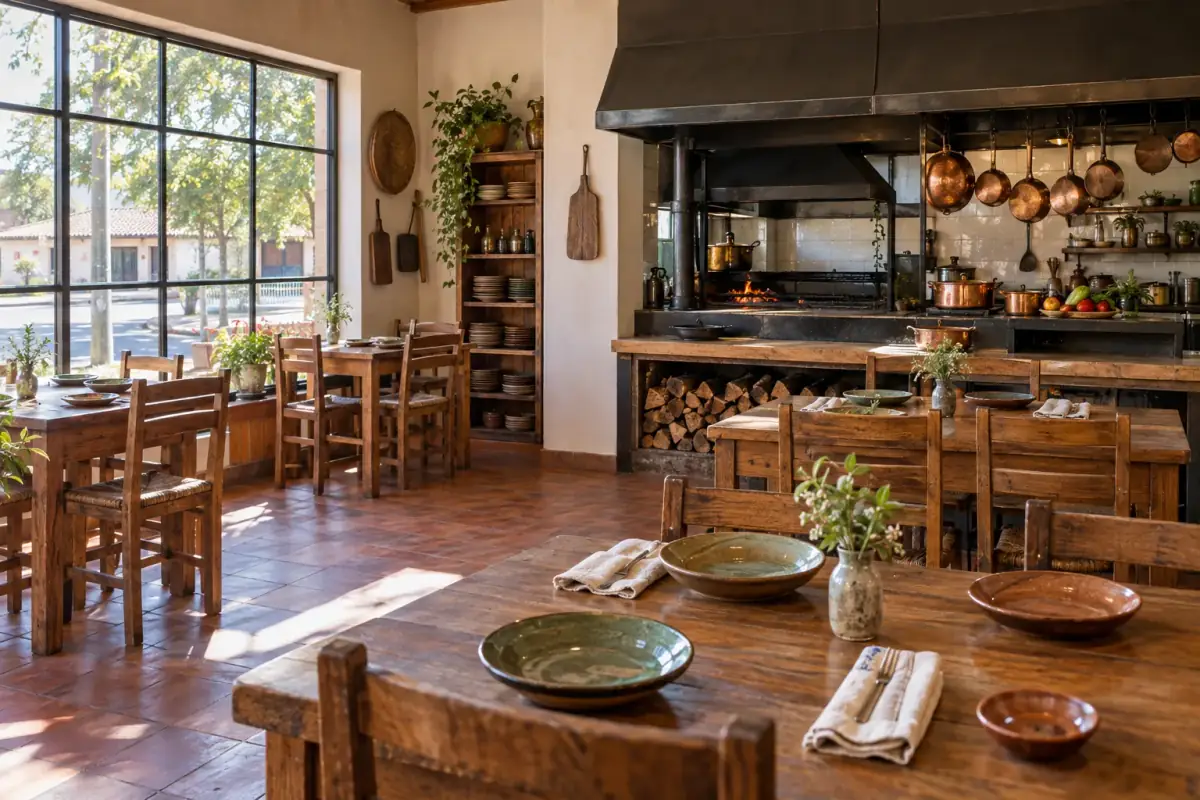 Comedor de La Picá De Los Tatas con mesas de madera, loza de greda y la cocina a leña al fondo