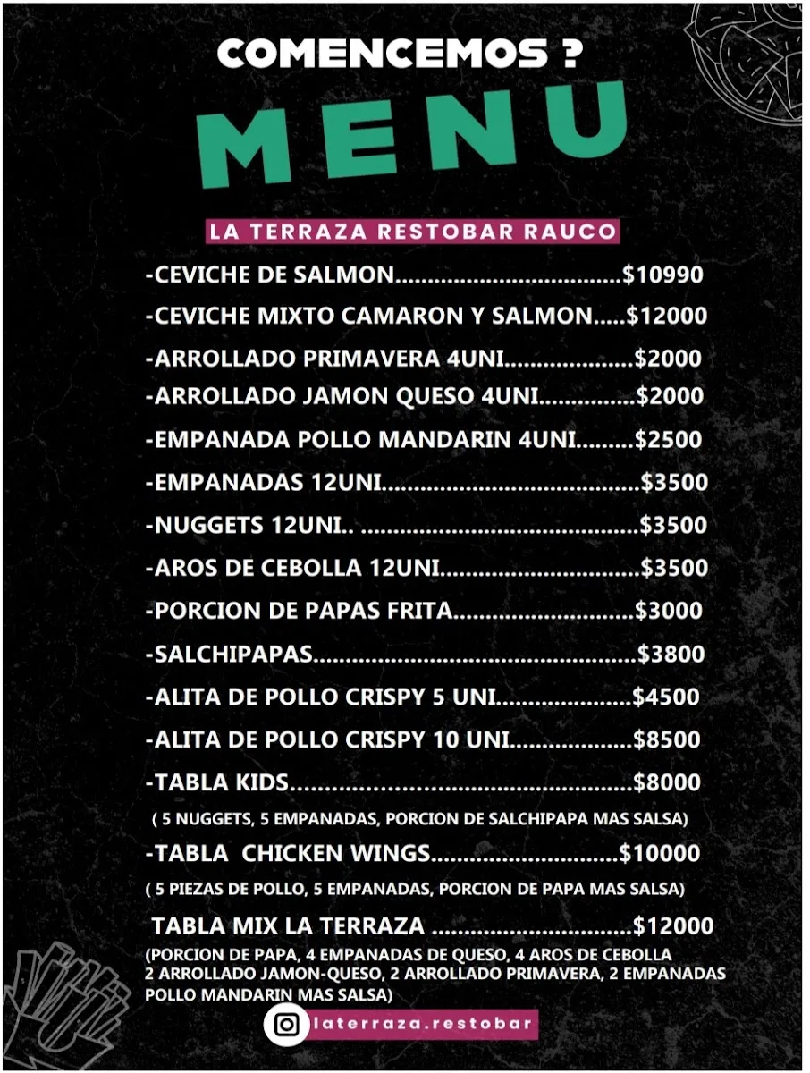 Carta completa de La Terraza Restobar Rauco con sus precios