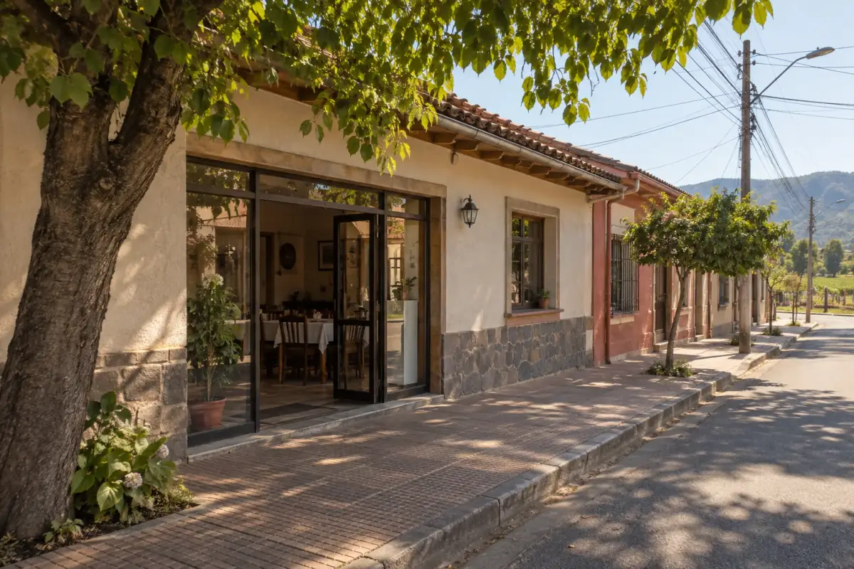Fachada de un local de comida con la puerta abierta a la calle