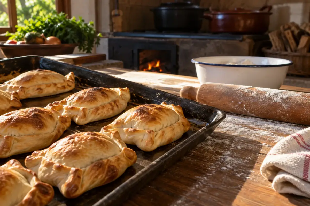 Empanadas de horno doradas sobre una tabla de madera
