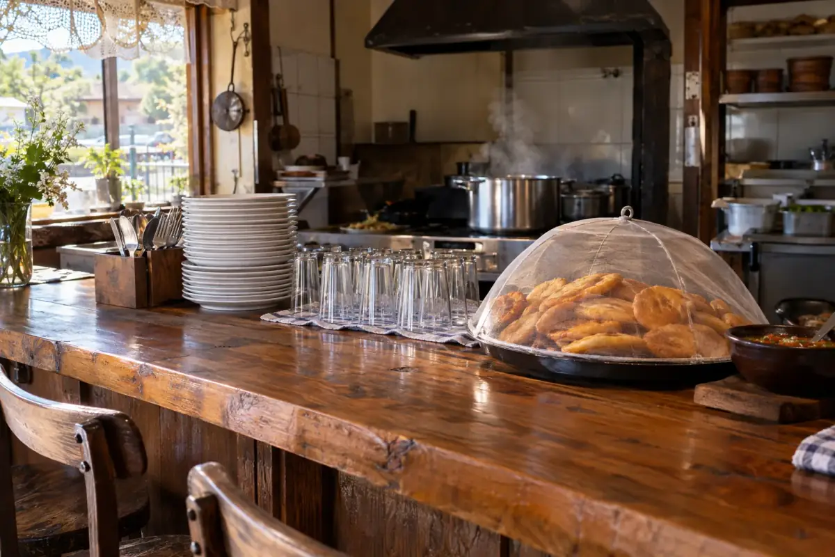 Sopaipillas recién fritas con pebre sobre el mesón